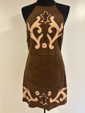 Free People Sienna Suede Halter Floral Embroidery Backless Festival Dress SZ XS